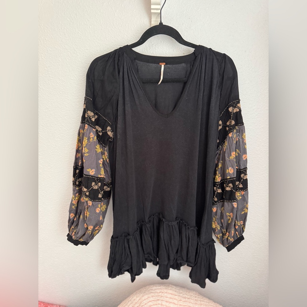 Free People Black Blouse with Floral Sleeves